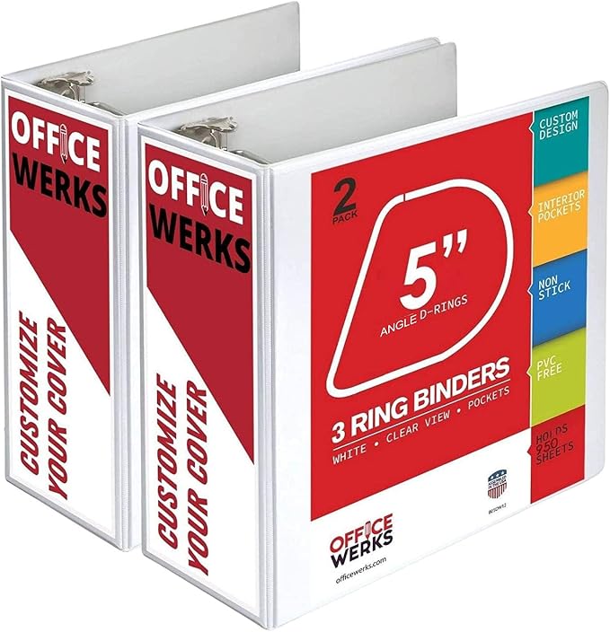 5 Inch 3 Ring Binder 2 Pack, Heavy Duty Locking D-Ring, Holds 950+ Sheets, PVC-Free, Assembled in USA, 8.5 x 11, Clear View Cover with Pockets, Customizable, Professional, White - Ring Binder Depot | Locking D-Ring, PVC-Free, Assembled in USA, 8.5 x 11...
