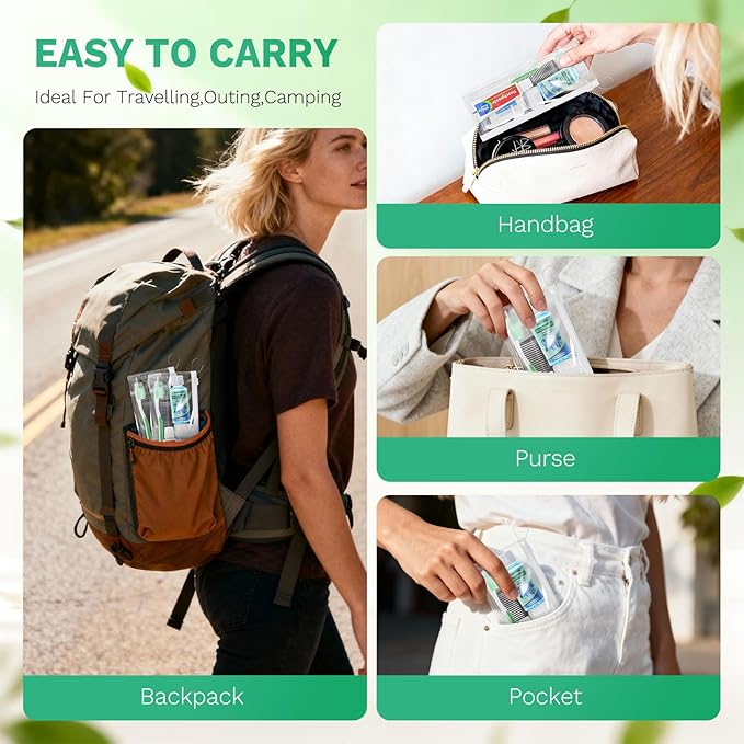 50 Set Personal Care Travel Toiletries Sets Bulk,8-IN-1 Disposable Toothbrushes with Toothpaste and Floss,Mouthwash,Comb,Soap,Cover,Zip Bag Toiletry Travel Toothbrush Kit for Homeless,Hotel,Charity