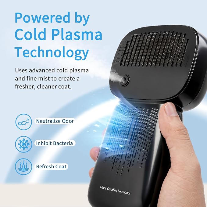 Cold Plasma Pet Grooming Brush for Dogs & Cats, Fine Mist Deshedding Comb Helps Reduce Odor & Loose Hair, Rechargeable Self-Cleaning Brush, Includes Waterless Shampoo