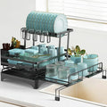 AULEEP 2-Tier Foldable Dish Drying Rack for Kitchen Counter Over the Sink | Expandable Anti-Rust Large Drainers 2-in-1 Pull Out Design with Drying Mat, Cups & Kitchen Utensil Holder