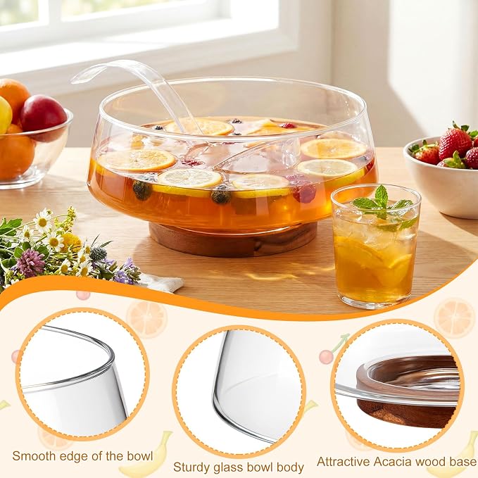 1.2 Gallon Glass Punch Bowl Set with Ladle, Clear Glass | Acacia Wood Base, Smooth Glass Finish, Elegant Centerpiece, Ideal for Holiday, Wedding, Parties & Gatherings