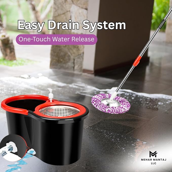 Spin Mop & Bucket Set with 2 Microfiber Mop Heads – 360° Rotating Stainless Steel Handle, Telescopic Pole (90–120cm), Hands-Free Cleaning System – Multi-Surface Floor Mop for Home & Office