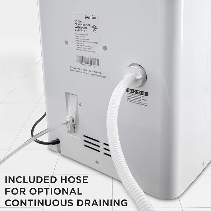 Ivation 4,500 Sq Ft Smart Wi-Fi Energy Star Dehumidifier with App, Continuous Drain Hose Connector, Programmable Humidity, 2.25 Gal Reservoir for Medium and Large Rooms (4,500 Sq Ft With Pump)