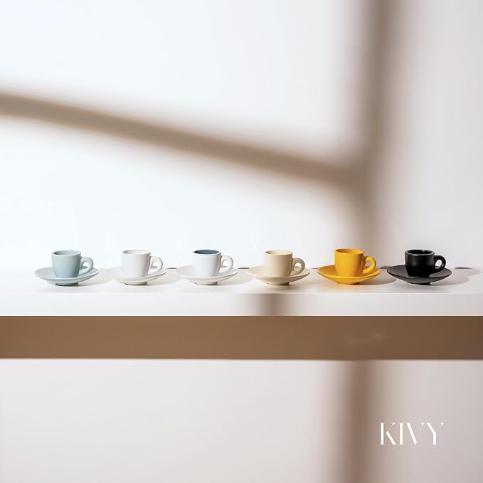 KIVY Espresso Cups Set 4x 3oz - Thick Walled Stoneware - Dishwasher Safe | Italian Style Espresso Cups and Saucers - Espresso Mugs - Tazas de cafe - Ceramic cup - Cream Dotted