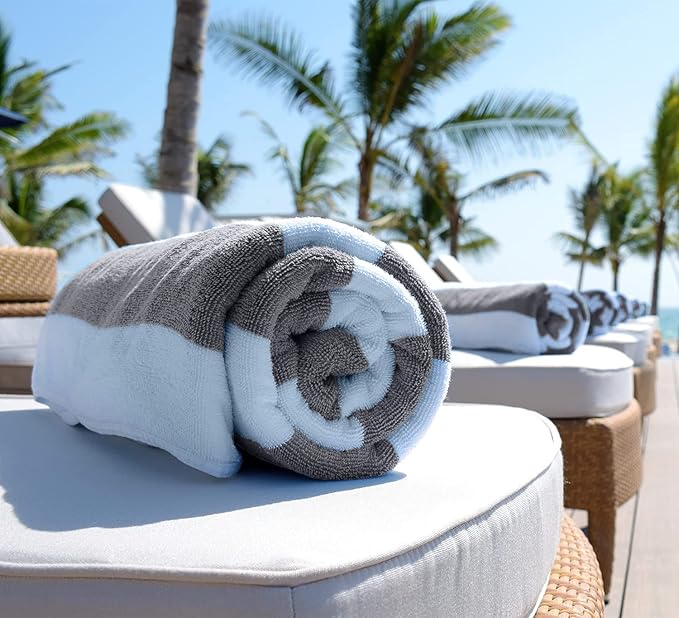 White Classic Beach Towels Oversized Cabana Stripe Cotton Bath Towel Large - Luxury Plush Thick Hotel Swim Pool Towels for Adults Super Absorbent Quick Dry - 35x70 Grey [2 Pack]