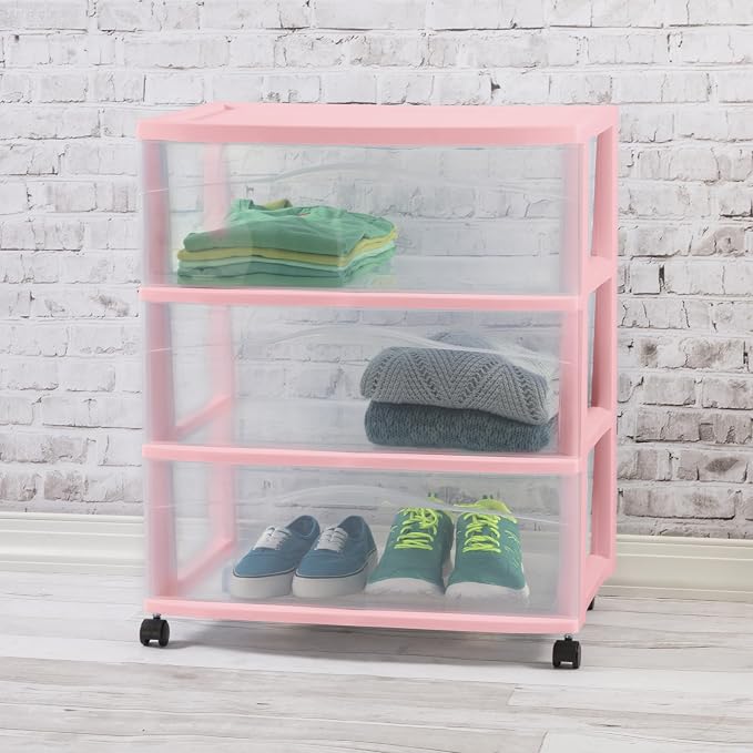 Sterilite 4 Pack Wide 3 Drawer Storage Cart, Rolling Organization, Pink | Clear Plastic Organizer Drawers with Wheels for Craft Supplies, Bath Essentials, or Home Accessories