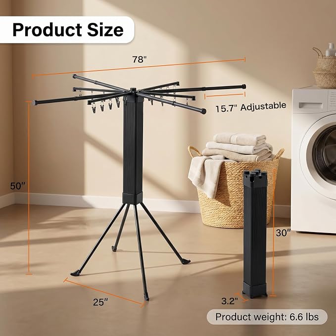 Laundry Drying Rack Collapsible, Foldable Clothes Drying Rack, Indoor Clothes Drying Rack, with 16 Clips Portable Clothes Drying Rack for Hanging Clothes, Indoor, Camping, Balcony, Outdoor