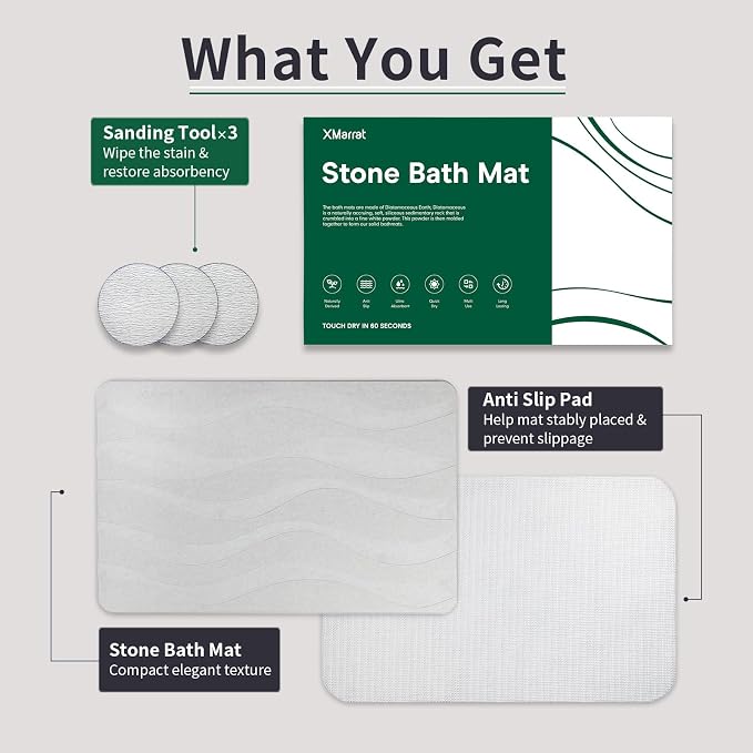XMarrat Stone Bath Mat, 23.6'' x 15.4'' Super Absorbent Diatomaceous Earth Bath Mat Large, Quick Drying Non-Slip Diatomite Stone Bath Mats for Bathroom, Easy to Clean (Light Gray)