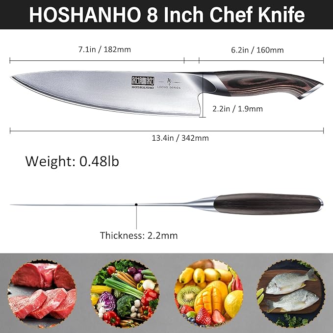 HOSHANHO Kitchen Knife in Japanese High Carbon Steel, Professional High-Class Chef's Knife 8 inch, Non-slip Ultra Sharp Cooking Knives with Ergonomic Handle | Multifunctional, 10Cr15CoMoV, Home Gifts