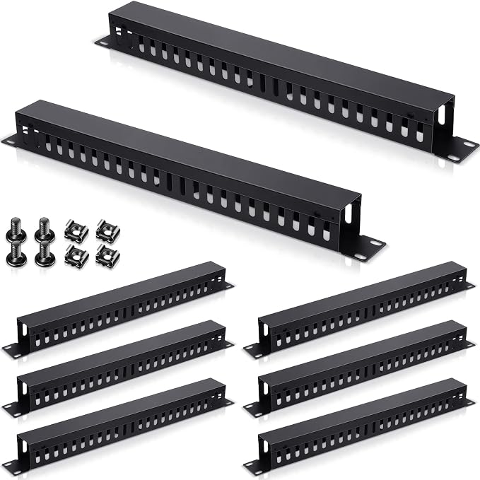 8 Pieces 19 Inch Cable Manager 1U 24 Slot Horizontal Server Rack Mount Cable Management Organizer Raceway Metal Finger Duct with Cover and Screw for Wire Network Wall Cord, Black
