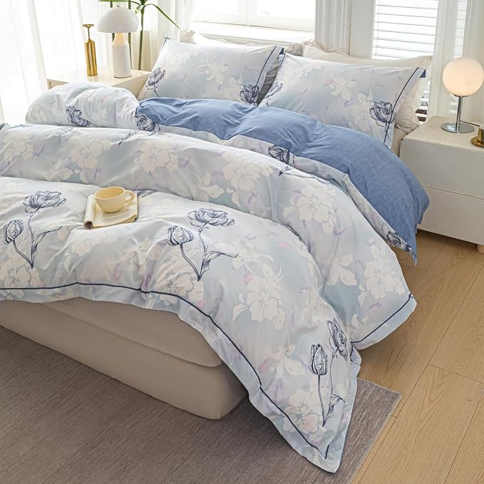 OAITE Duvet Cover Set Queen Size Floral Pattern 500 Thread Count Ultra Soft 100% Cotton Duvet Cover Sets 3-PC, Breathable Duvet Cover with Zipper Closure & Corner Ties