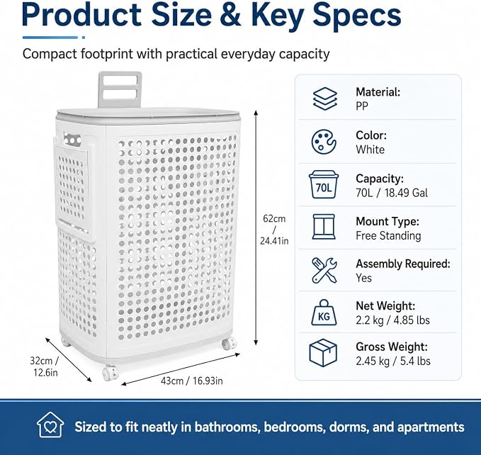 Laundry Hamper with Wheels, 70L/18.5Gal Large Capacity Collapsible Laundry Basket, Portable Rolling Laundry Bin with Lid & Handle, Side Hanging Baskets for Bedroom, Bathroom, Dorm (White)