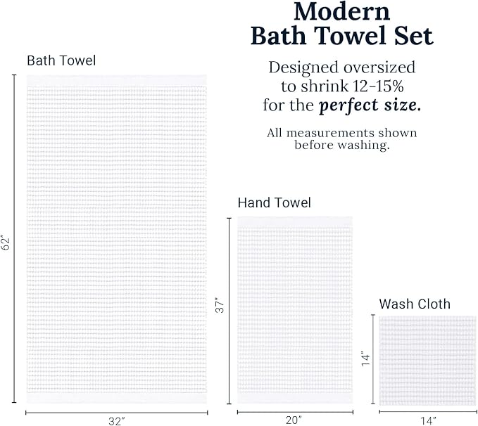 GILDEN TREE Waffle Towel Set Quick Dry Thin | 2 Bath Towels | 2 Hand Towels | 2 Washcloths, Modern Style (White)