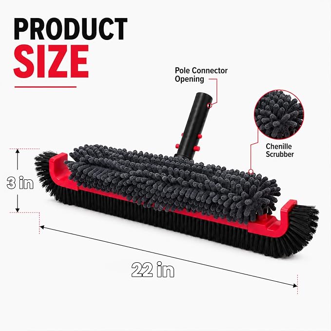 SEPETREL 22" Extra Long Pool Brush with Chenille Scrubber | Heavy Duty Nylon Bristles, Curved Edges for Cleaning Corners, Safe for All Surfaces & Vinyl Liners, Fits Standard Poles