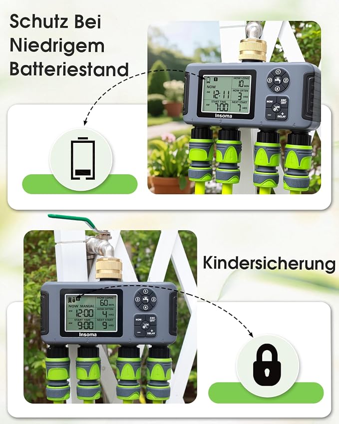 Insoma 4-Zone Water Timer with Brass Inlet, Automatic Garden Hose Timer with Manual/Rain Delay & Large Display, IPX5 Waterproof Faucet Timers for Sprinkler System, Yard, Lawn, Greenhouse