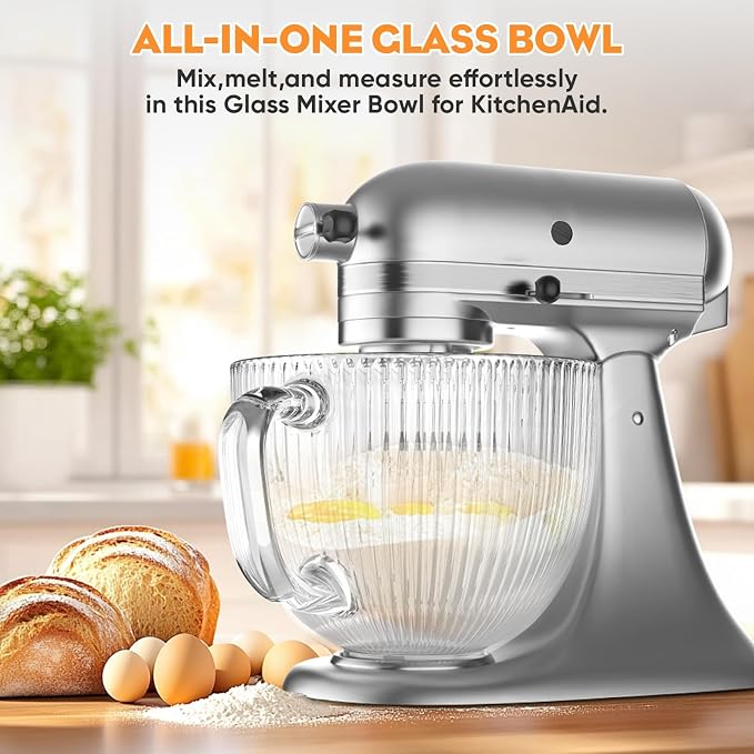 Cofun Glass Mixer Bowl for Kitchenaid Tilt-Head Stand Mixers 4.5-5 Quart | 5 Qt Mixing Bowl Replacement for KitchenAid with Measurement Markings, Handle