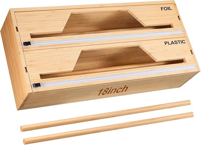 Wesiti 18 Inch Large Plastic Wrap Organizer & Dispenser with Cutter 2 in 1 Aluminum Foil Wrap Butcher Parchment Paper Dispenser Bamboo Wall Mount Tin Wax Cling Organizer for Kitchen Countertop