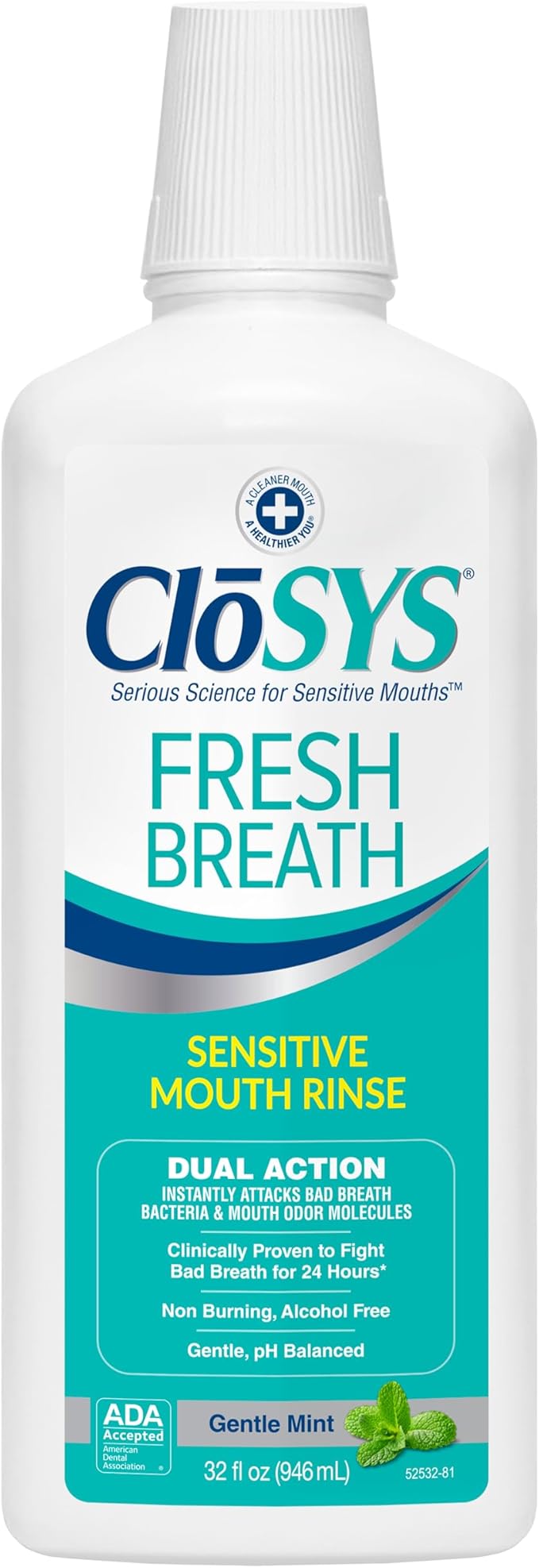 CloSYS Mouthwash, 32 Ounce, Fresh Breath Mouthwash, Gentle Mint, Alcohol Free, Dye Free, pH Balanced Mouth Wash, Helps Soothe Entire Mouth, Fights Bad Breath