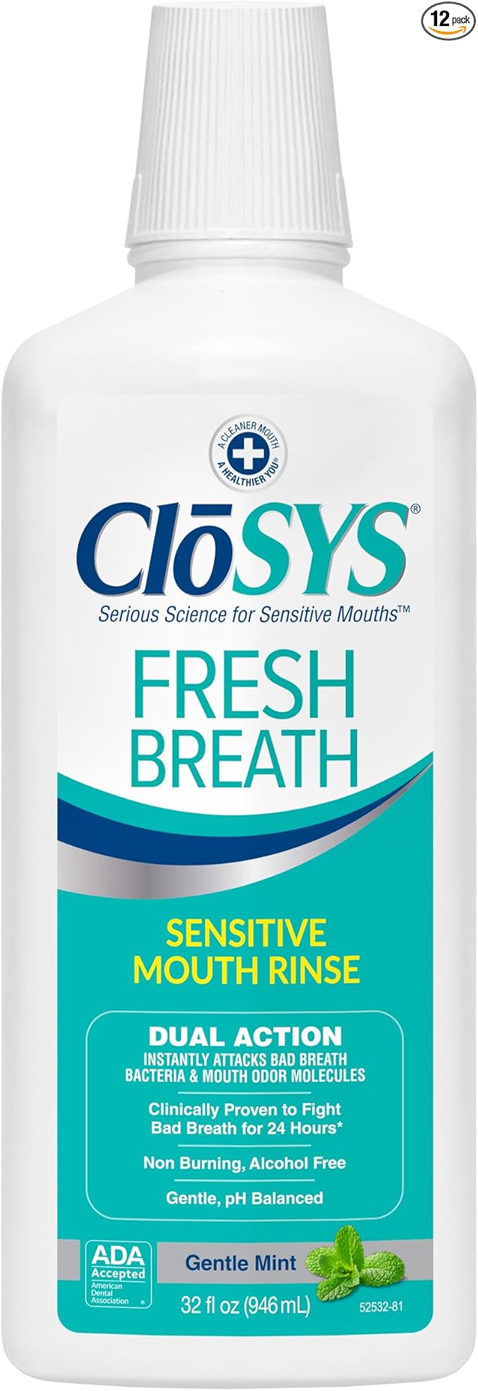 CloSYS Mouthwash, 32 Ounce, Fresh Breath Mouthwash, Gentle Mint, Alcohol Free, Dye Free, pH Balanced Mouth Wash, Helps Soothe Entire Mouth, Fights Bad Breath (Pack of 12)
