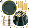 WDF Partyware 350PCS Green and Gold Plates - Green Plastic Plates 50Guests Plastic Plate with Rolled Napkins for Party/Birthday/World Cup 2026