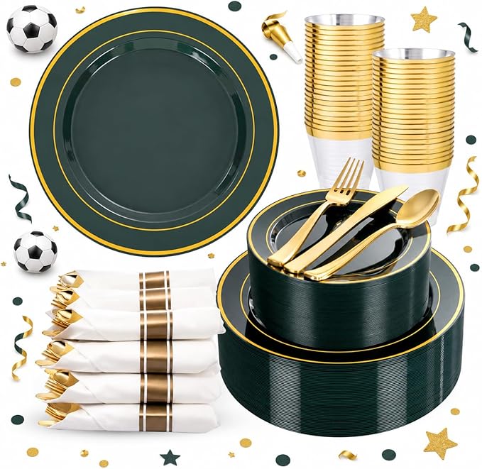 WDF Partyware 350PCS Green and Gold Plates - Green Plastic Plates 50Guests Plastic Plate with Rolled Napkins for Party/Birthday/World Cup 2026