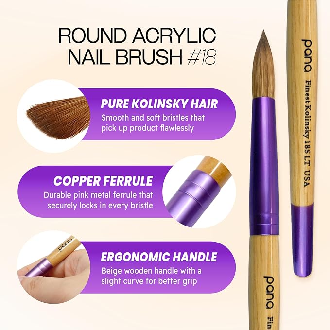 Pana USA Acrylic Nail Brush100% Pure Kolinsky Hair New LIMITED EDITION BEIGE PURPLE Wood Handle with Purple Ferrule Round Shaped Style (Size # 18)