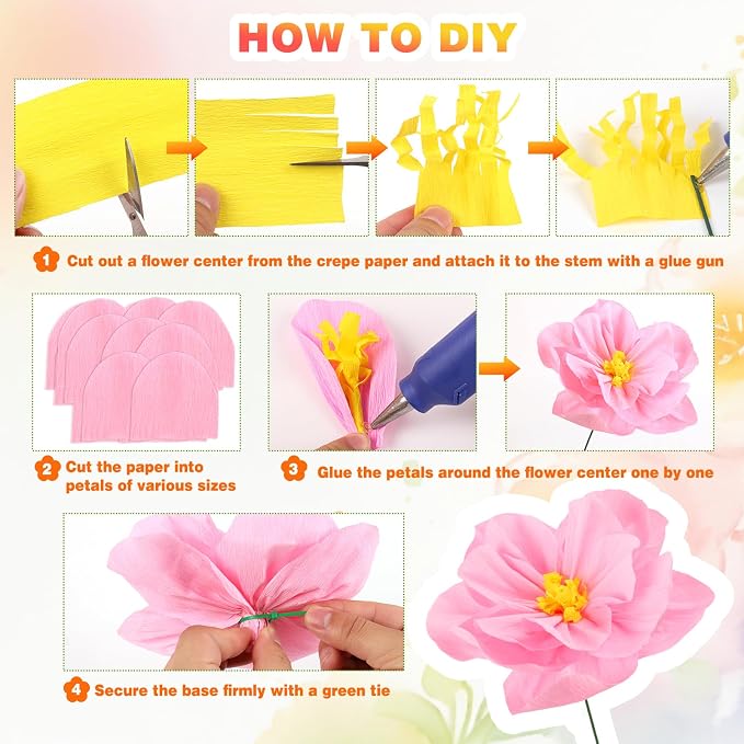 176 Pcs Crepe Paper Roll Set, 12-Color 16.5×98 Inches Heavy Crepe Paper with Glue Gun, Scissors, Wire, Gardening Tape, Suitable for Handmade Paper Flowers, DIY Projects, Wedding & Party Decorations