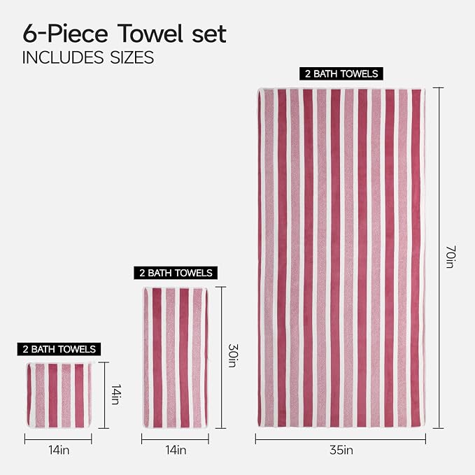 REDKISS 6-Piece Microfiber Bath Towel Set, Ultra Soft, Highly Absorbent & Quick Dry, 35x70 Inch Oversized, Pinkish red Towels for Bathroom, Spa, Gym, 2 Bath 2 Hand 2 Washcloths -
