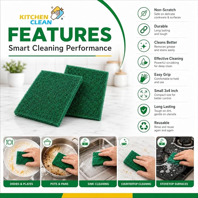 ™ 10 Pcs Small Kitchen Scrub Pads | Dish wash Scrubber | Non Scratch - Durable - Long Lasting | Clean Shine Brite Utensils Scrub Pads (Green, Small 3x4 inch, Pack of 10 Pcs)