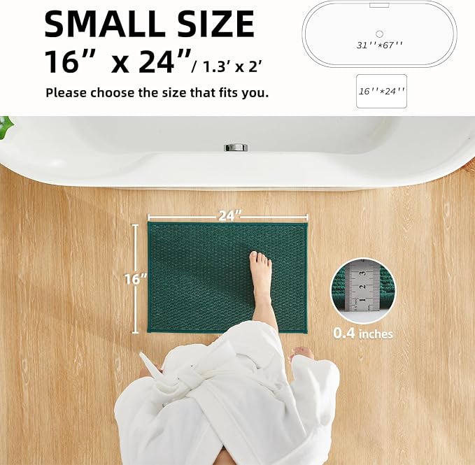TYUU Bathroom Rugs Non Slip Washable, Super Absorbent Thin Bath Mat Small Quick Dry Low Pile Bathroom Rug, Dark Green 16"x24"
