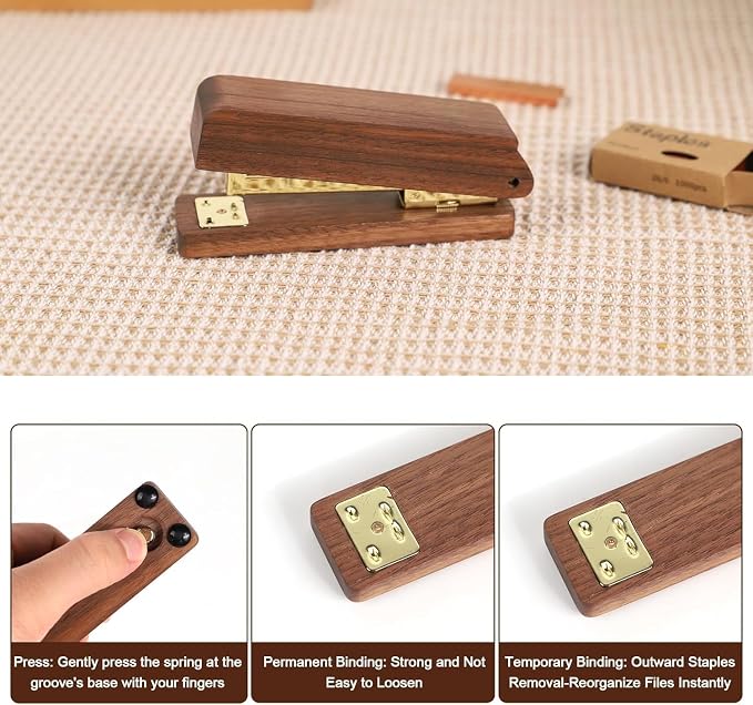 MultiBey Walnut 3-Piece Wooden Desk Organizer Set - North American Walnut Stapler, Wood Tape Dispenser, Wooden Pen, 1000pcs Rose Gold Staples and Tape, for Elegant Home Office Desk