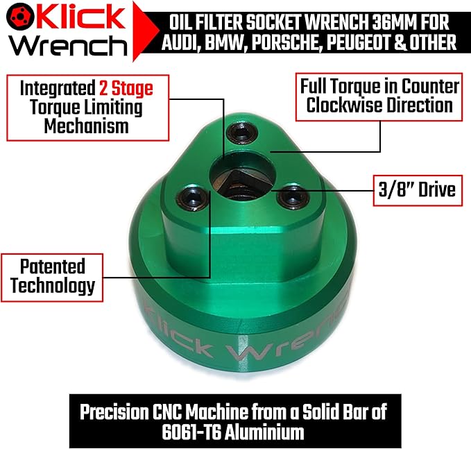 2 Stage 36mm Torque Limiting Oil Filter Wrench, Green, 6061-T6 Aluminum