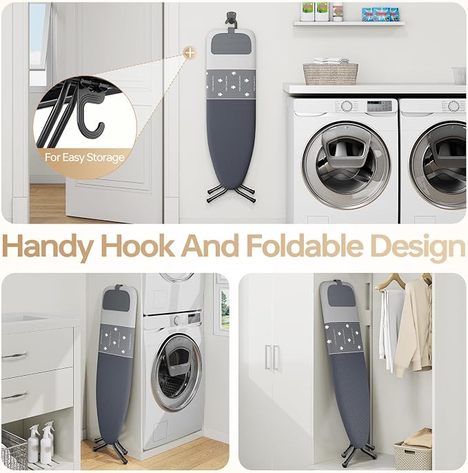 Foldable Ironing Board Standard Size, Iron Board Table Stand Foldable, Space-Saving Iron and Ironing Boards Set, Folding Ironing Boards Full Size with High Speed Zone & Silicone Rest 13x43 Steel Gray