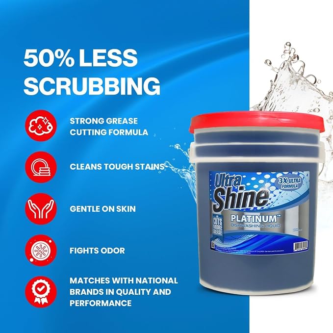 Ultra Shine 3X Platinum Concentrated Dishwashing Liquid Dish Soap, 5 Gallon Bucket - Bulk Refill Commercial Kitchen Degreaser with Grease Cleaning Power, Gentle on Hands and Skin