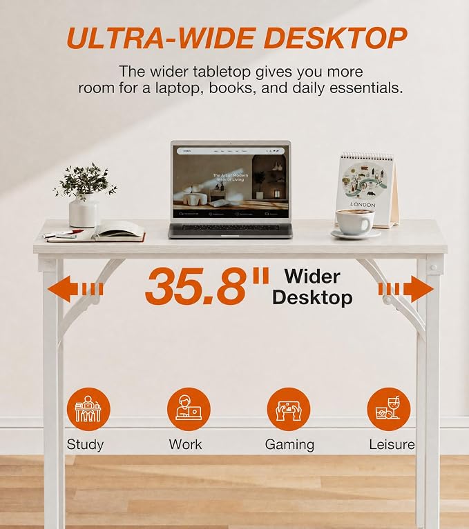 XBurmo Folding Desk Foldable Table, No Assembly 35.8" Foldable Desk Space-Saving Workstation for Small Space, Computer Table, Flat Storage for Home Office, Bedroom, Dorm, Study Room, White Ash