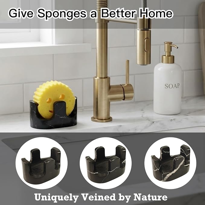 Black Marble Sponge Holder for Kitchen Sink, 2-in-1 Natural Stone Sponge & Brush Holder with Raised Edge, Keeps Countertops Dry, Heavy & Stable, Non-Slip Base, Modern Luxury Kitchen Decor