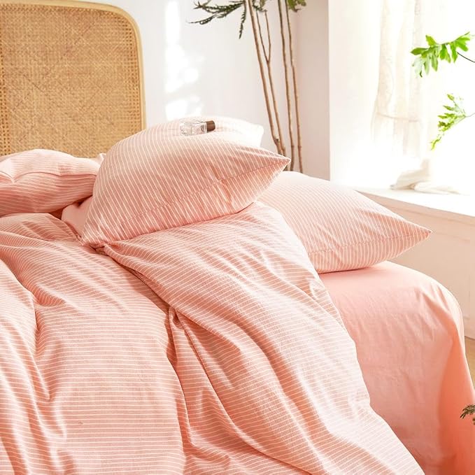 Wake In Cloud - Striped Cotton Duvet Cover Set, 100% Washed Cotton Textured Bedding Set, Ticking Stripe Pinstripe Farmhouse, 3 Pieces, Light Pink, Queen Size