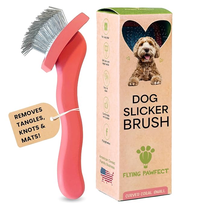 Slicker Brush for Dogs - Long Pin for Poodles, Doodles & Long Haired Dogs, Deshedding & Dematting Tool, Slicker Dog Brushes for Grooming (Coral, Curved Small)