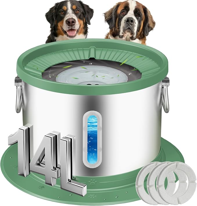 UPSKY 14L No Spill Dog Water Bowl, Stainless Steel Spill Proof Dog Bowl with Water Window, Dual-Suction Anti-Slip Large Capacity Slow Drinking Bowl with Floating Disk for Large Dogs & Messy Drinkers | Extra-large Capacity, 304 Stainless Steel, Dual-suc...