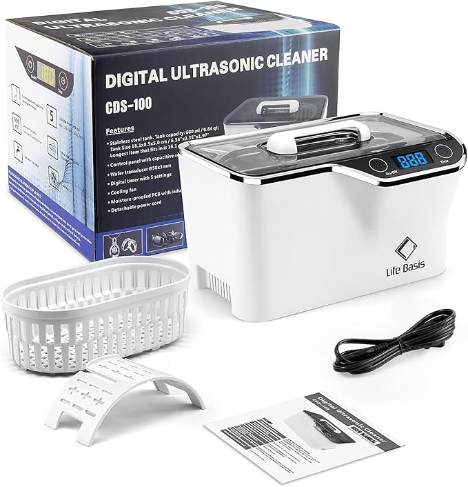LifeBasis Ultrasonic Cleaner – 45kHz Professional Ultrasonic Jewelry Cleaner 600ML with Built-in Cooling Fan, 5 Digital Timer for Rings, Coins, Watches, Eyeglasses, Dentures, Retainers & More, White