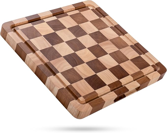 Checkered Cutting Board for Kitchen - Wood End Grain Checkerboard Chopping Board with Handle & Juice Groove, Double Sided for Food Prep, Serving and Decor, Square 12" x 12" x 1" ﻿