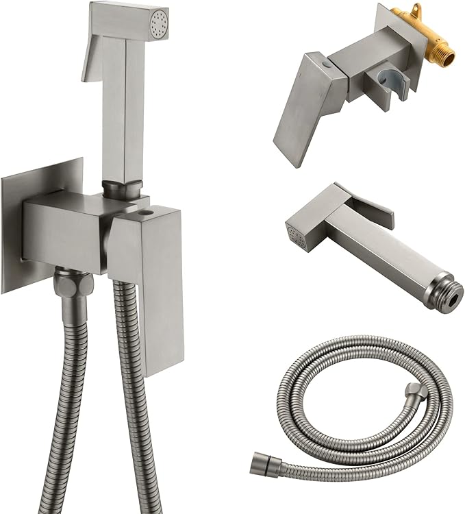 SHAMANDA Warm Water Bidet Sprayer for Toilet with Hot and Cold Brass Rough-in Valve, Stainless Steel Handheld Bidet Attachment Set for Feminine, Pets and Baby Diaper Wash, Brushed Nickel, BDS08-2