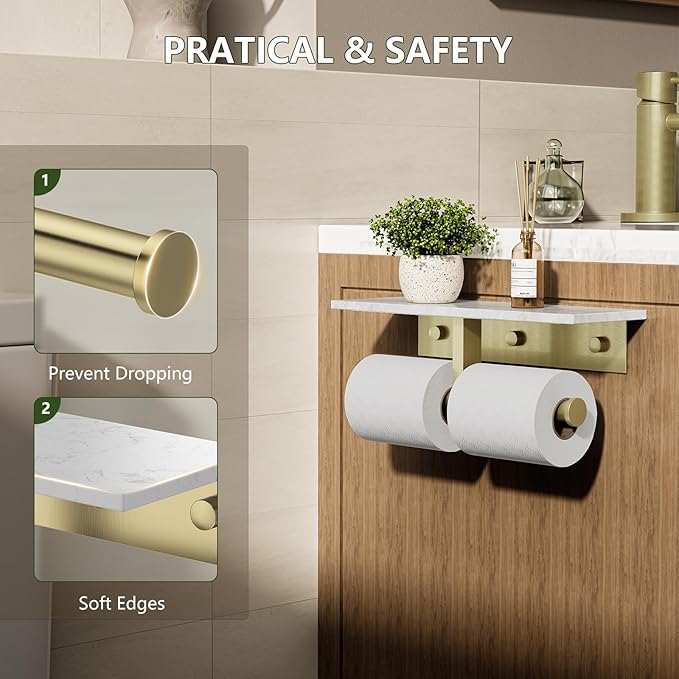 Marble Toilet Paper Holder with Shelf,Doulble Bathroom Tissue Roll Holder,304 Stainless Steel Toilet Paper Holder Wall Mounted,Modern Tissue Holder for Bathroom Washroom,Brushed Gold
