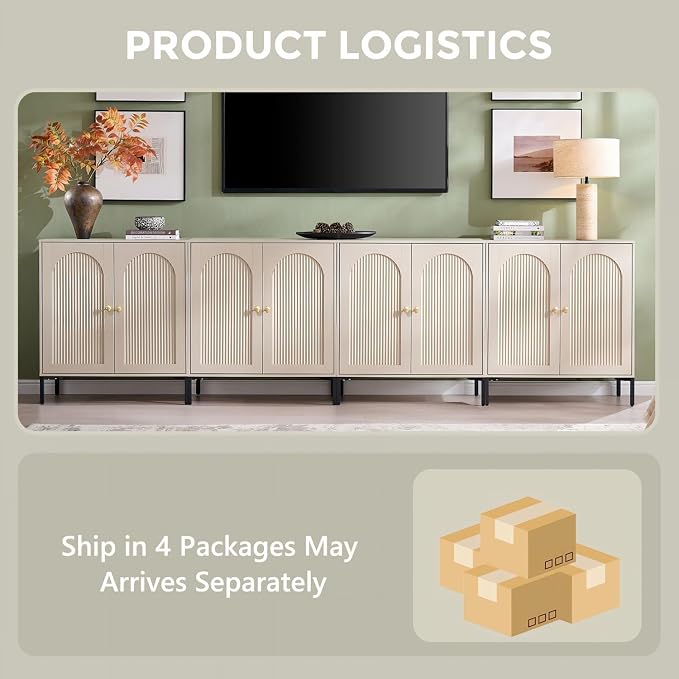 IFGET 123.5" W Modern Arched Sideboard Buffet Cabinet with Storage, Cream | Fluted Arch Sideboard Cabinet w/Adjustable Shelves, Wooden Modular Kitchen Cabinet for Dining& Living Room, Kitchen, Entryway