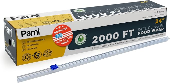 PAMI Plastic Food Wrap 24” x 2000 FT with Slide Cutter – Safe Cling Stretch Film, BPA Free, Microwave & Freezer Safe, Durable Food Storage Wrap for Home & Commercial Use