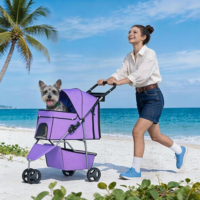 BestPet 3 Wheels Pet Stroller Dog Cat Cage Jogger Stroller for Medium Small Dogs Cats Folding Travel Carrier with Cup Holder, Waterproof Design & Removable Liner, Purple