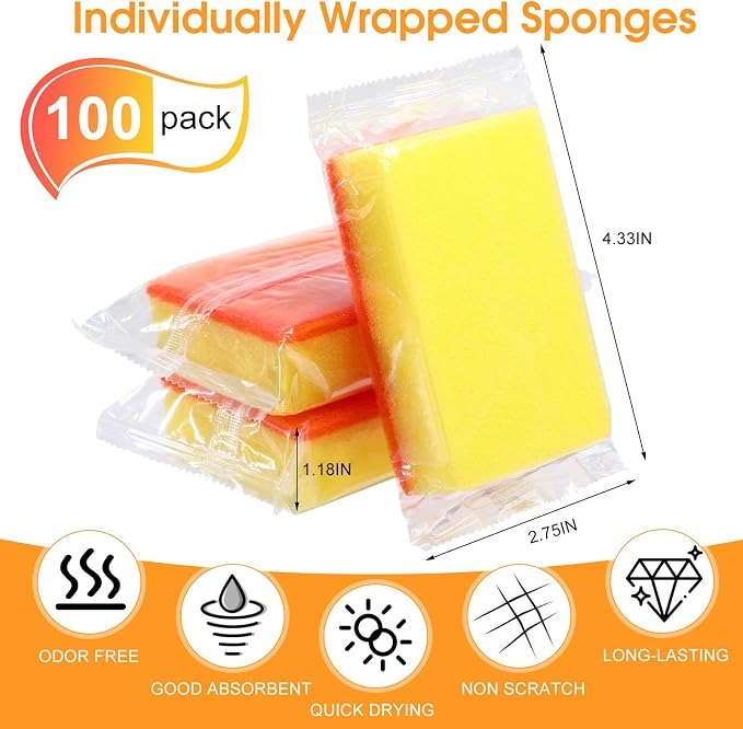 Tioncy 100 Pcs Individually Wrapped Sponges Bulk Kitchen Orange Non Scratch Scrub Sponges Dual Sided Cleaning Scrubber for Household Washing Dishes, Pots, Pans, Sinks, Stoves, Appliances, Car, Bike