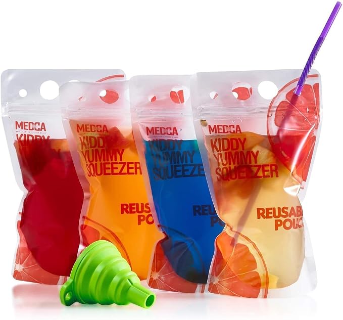 Reusable Drink Pouches - 200 Clear Drink Bags with 200 Straws - Double Zipper Reusable Smoothie Pouches Juice, Clear Zipper Pouch Storage Bags, Leak-Free and BPA Free