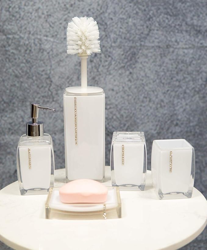 Classy Fashion Modern Chic Austrian Crystals Bathroom Gift Set 6 Piece Accessories Toothbrush Toothpaste Make Up Cosmetic Tools Holders Soap Dish and Pump Dispenser Toilet Brush & Base (White)
