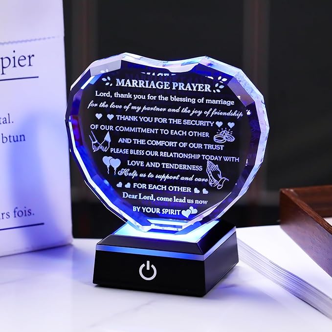 Arikyrist Wedding Gifts for Couples with Colorful LED Base 2026 Crystal Heart Anniversary Marriage Prayer Gifts, Newlywed Mr and Mrs Gift Decoration Sign Plaque Marriage Blessing Couple Bride Gift